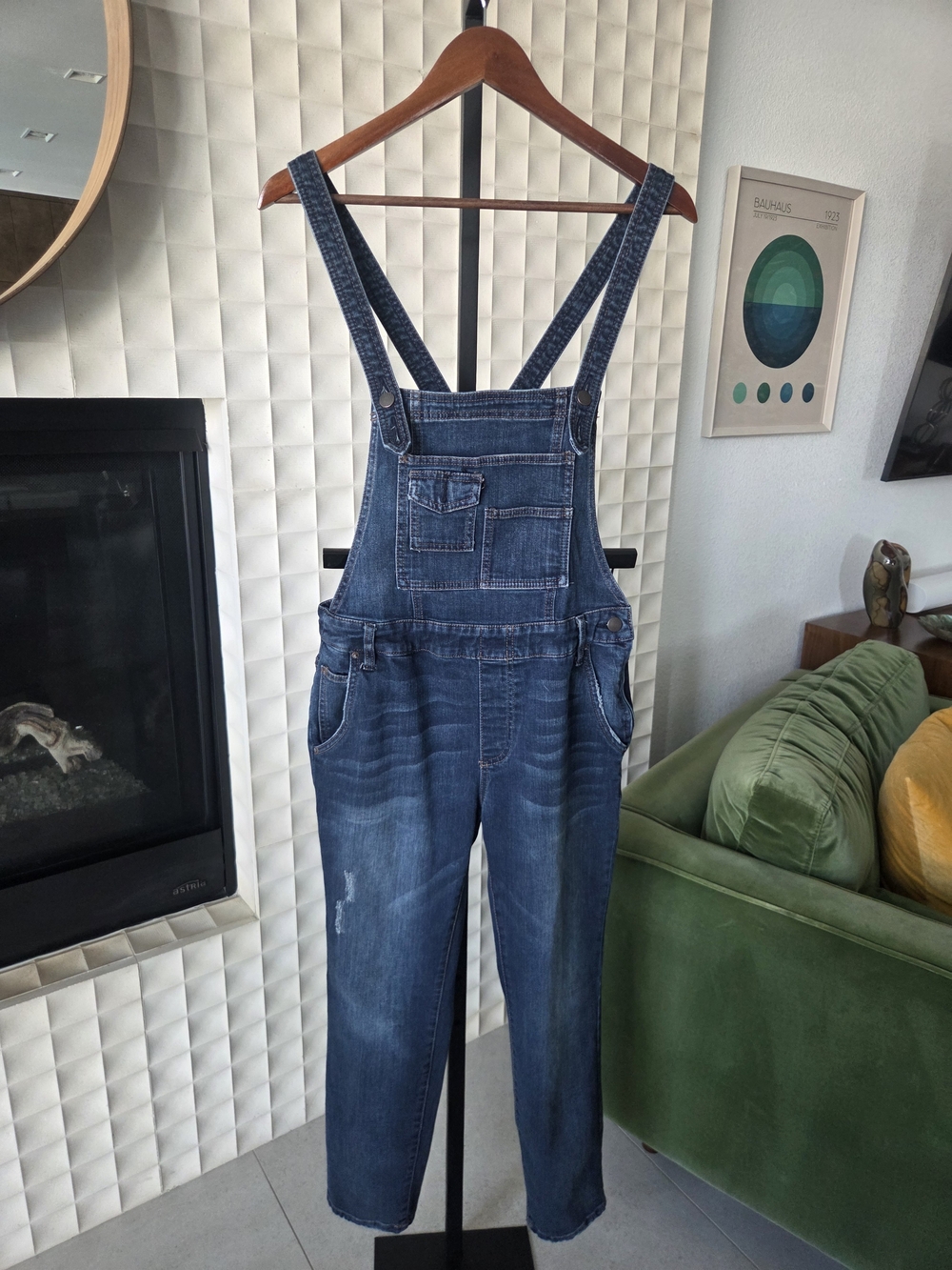 Free People Distressed Denim Overalls Medium Dark Wash Size 27 - 15" W Laid Flat - Picture 2 of 11
